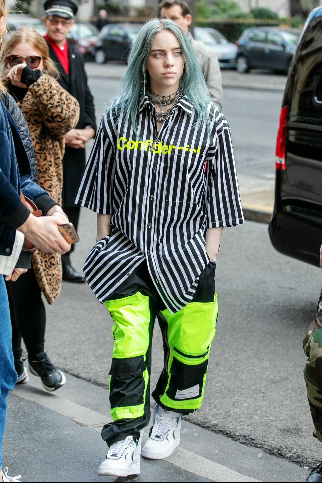 Billie Eilish neon green street style outfit