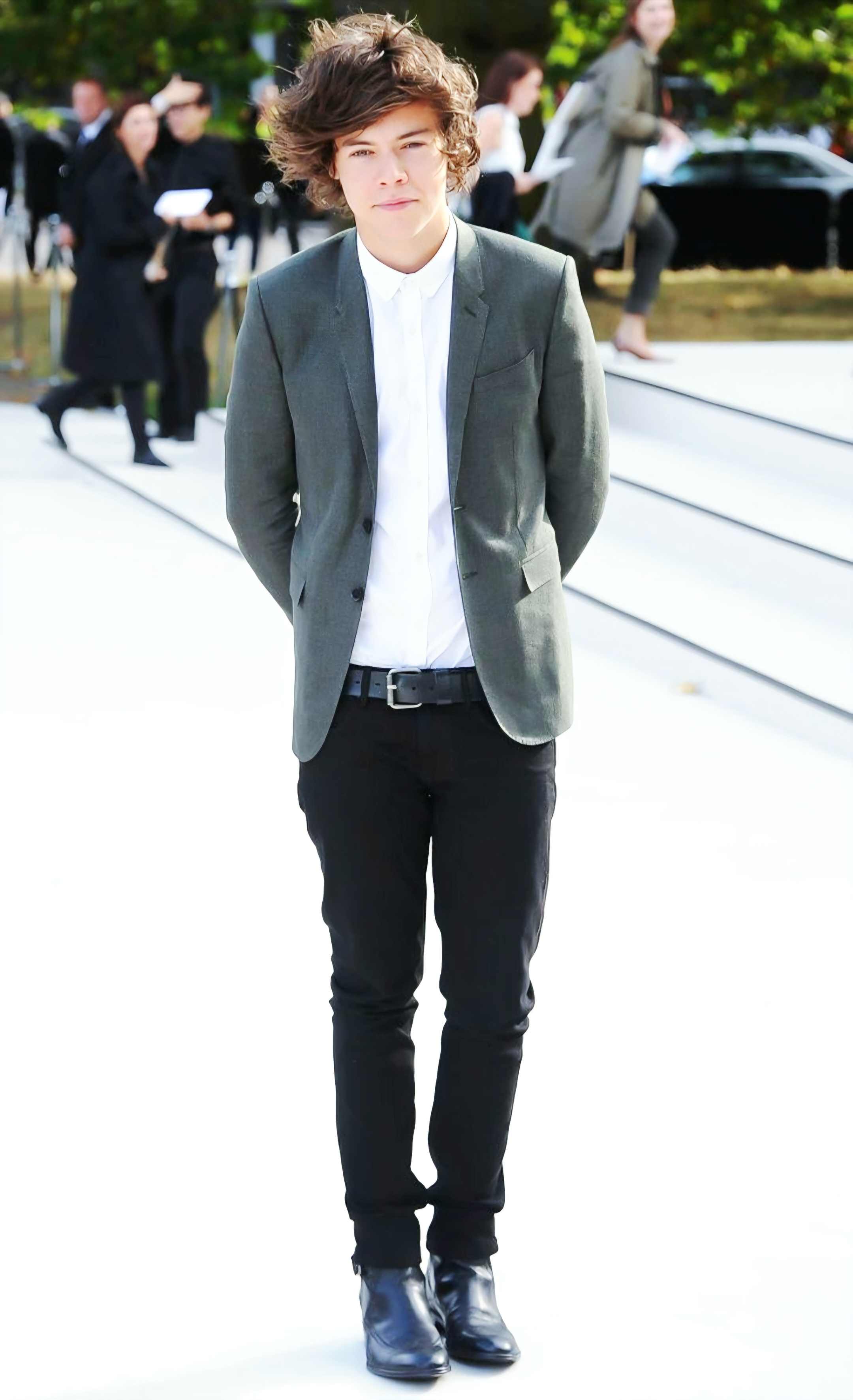 Harry Styles light denim suit with white t-shirt