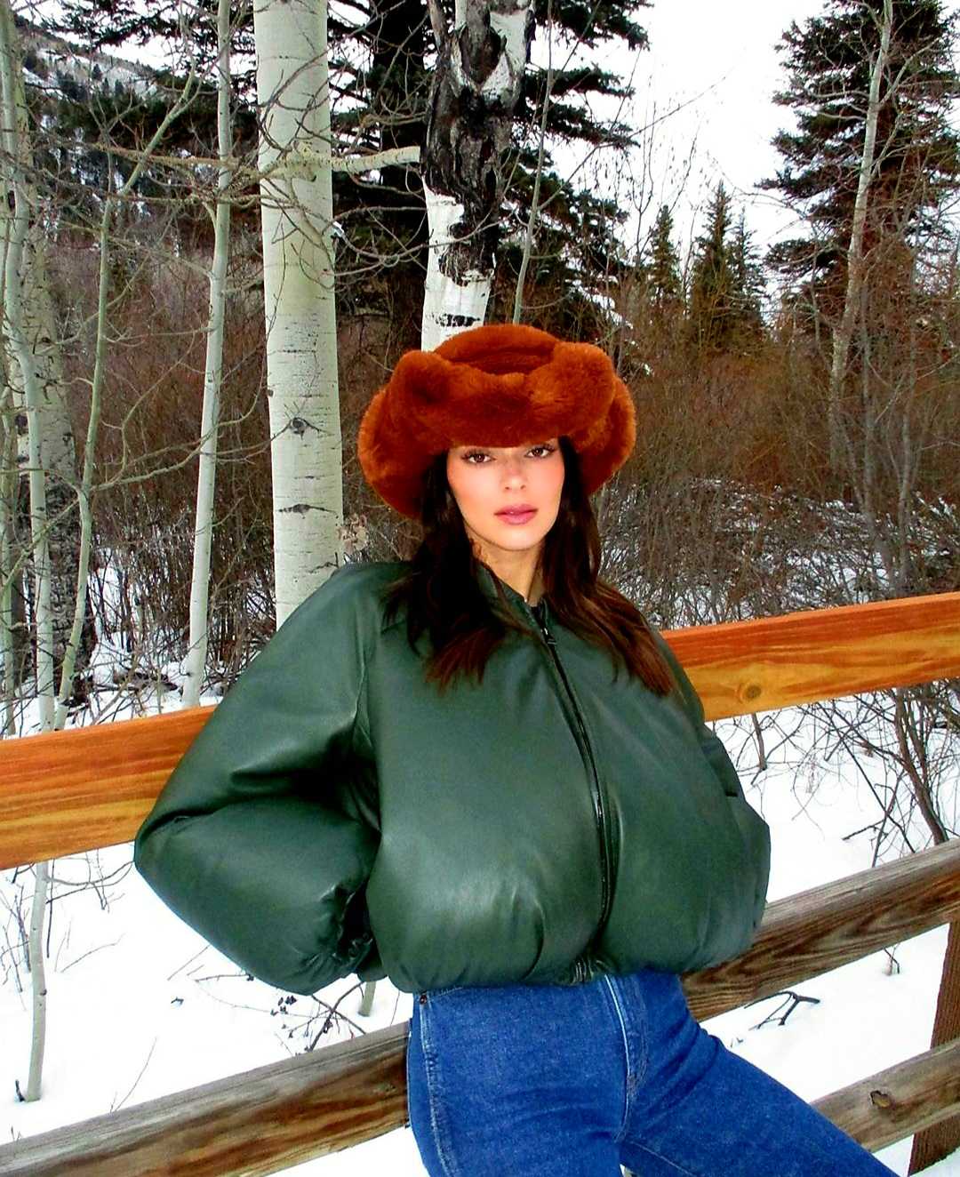 Kendall Jenner green puffer jacket winter style