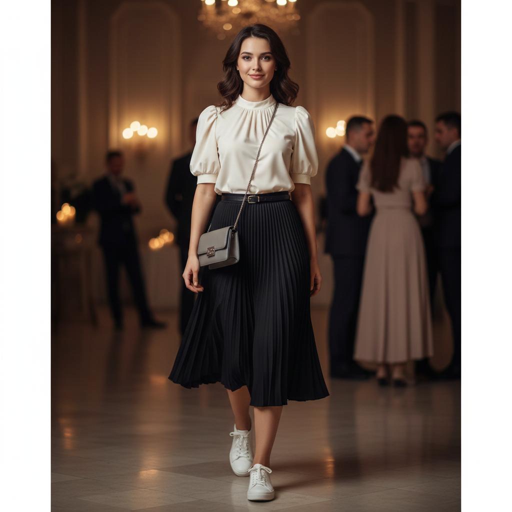 استایل مهمانی زنانه با بلوز کرمی یقه‌قائمی، دامن میدی مشکی، کمربند باریک و کتانی سفید – ایده شیک و پوشیده برای مهمانی‌های زنانه