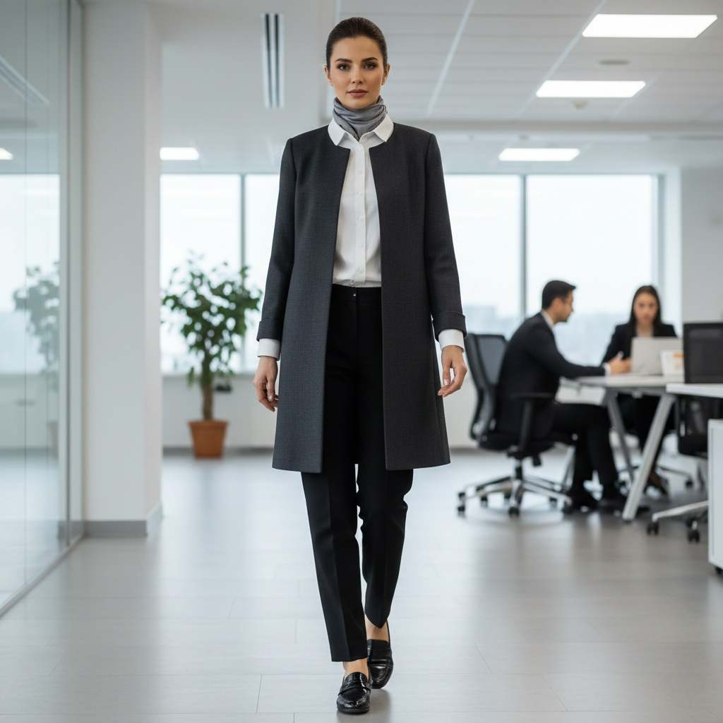 استایل کاری زنانه با مانتوی طوسی تیره، شومیز سفید، شلوار پارچه‌ای مشکی و کفش کالج – مناسب محیط کاری ایران