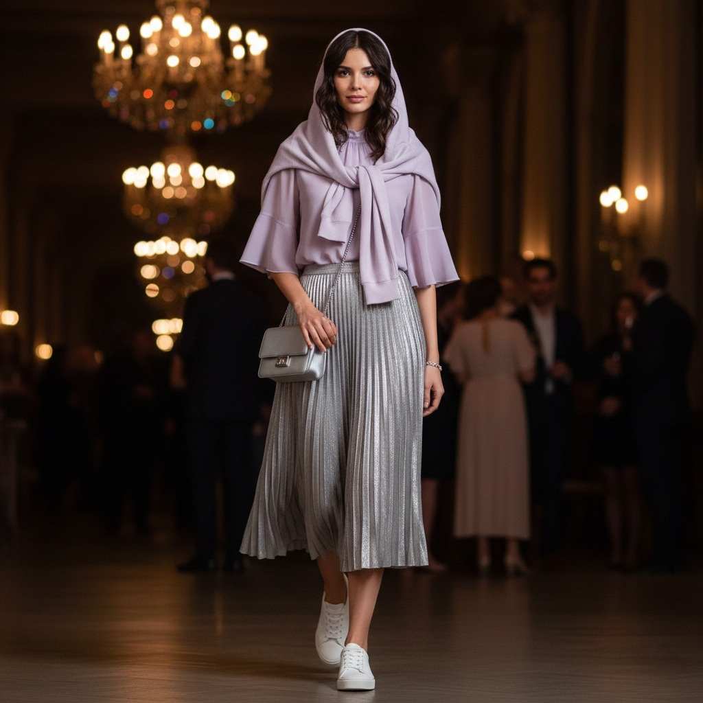 استایل مهمانی زنانه با بلوز یاسی یقه‌قائمی، دامن میدی پلیسه نقره‌ای، شال ساده و کفش سفید – ایده پوشیده و شیک برای مهمانی‌های