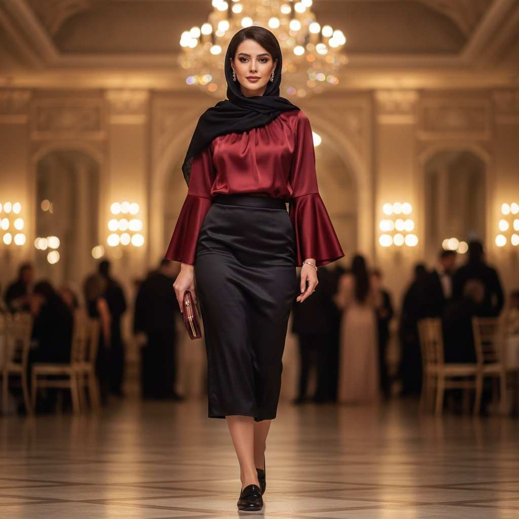 استایل مهمانی زنانه با شومیز ساتن زرشکی، دامن مشکی راسته، شال مشکی و کفش کالج – ایده پوشیده و شیک برای مهمانی زنانه